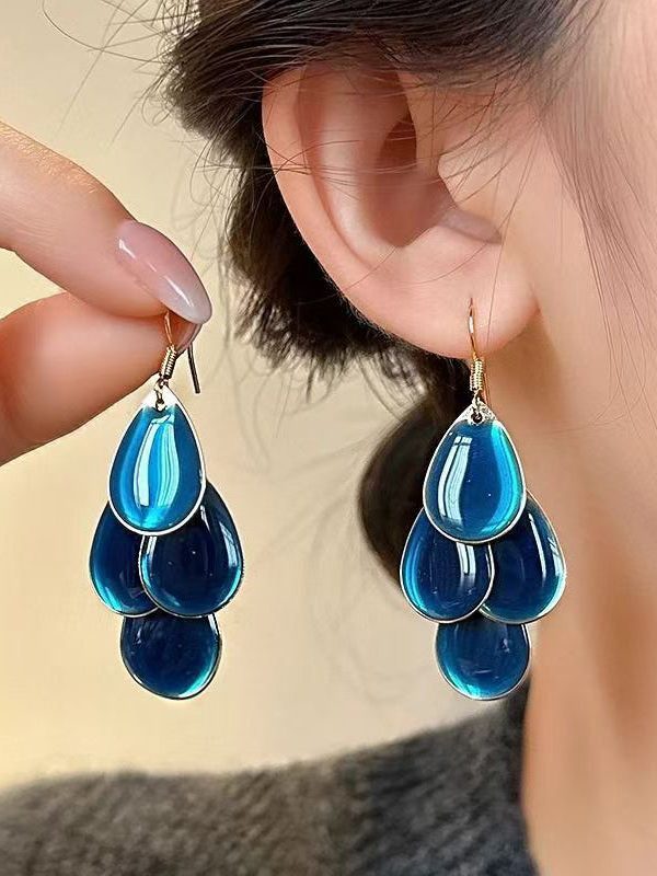 Original Design Blue Alloy Drip Glaze Water Droplets Tassel Drop Earrings