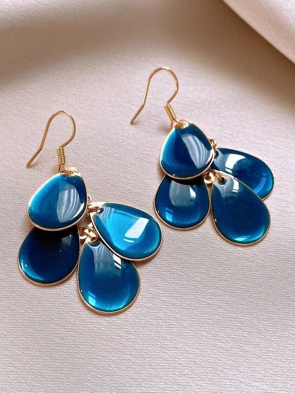 Original Design Blue Alloy Drip Glaze Water Droplets Tassel Drop Earrings