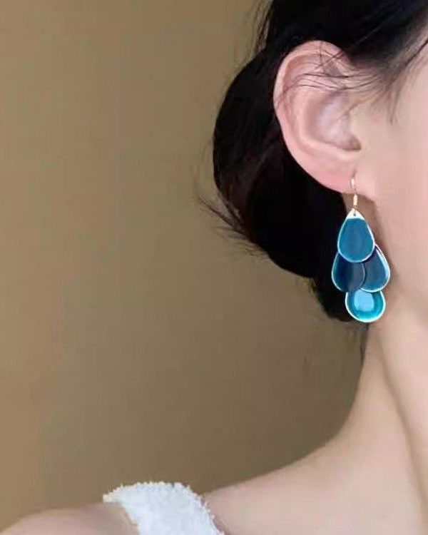 Original Design Blue Alloy Drip Glaze Water Droplets Tassel Drop Earrings