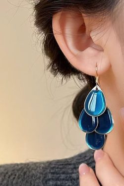 Original Design Blue Alloy Drip Glaze Water Droplets Tassel Drop Earrings