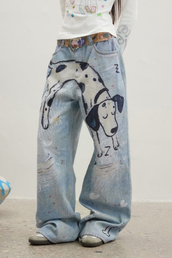 Original Design Blue Cartoon Print Zircon Denim Pants Spring
