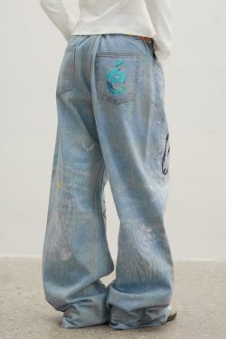 Original Design Blue Cartoon Print Zircon Denim Pants Spring