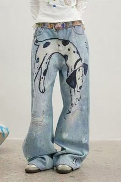 Original Design Blue Cartoon Print Zircon Denim Pants Spring