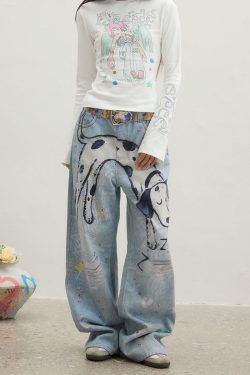 Original Design Blue Cartoon Print Zircon Denim Pants Spring