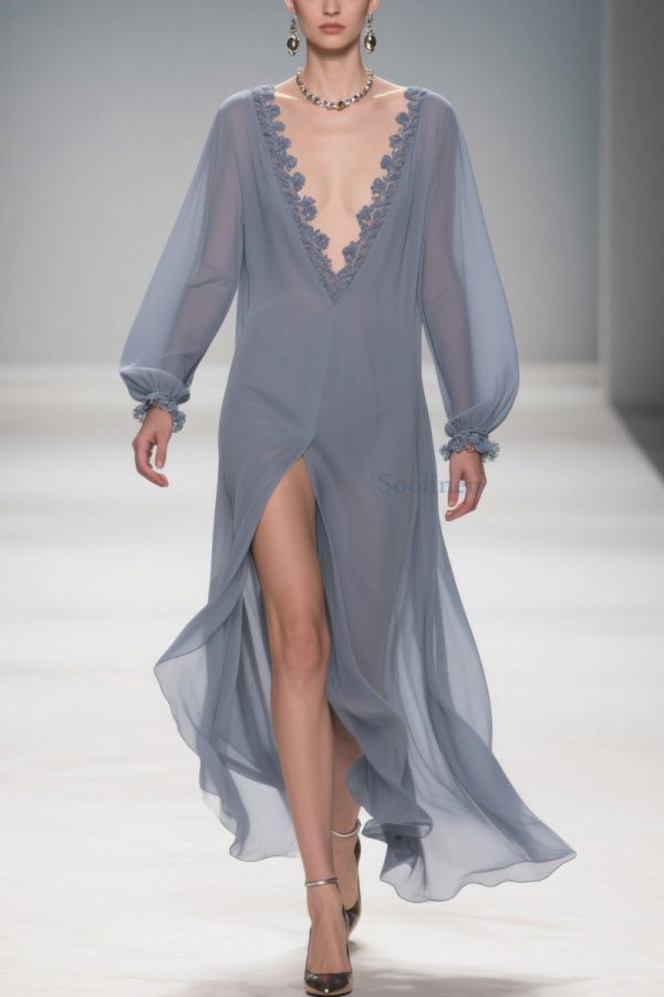 Original Design Blue Lace Side Open Solid Long Dress Lantern Sleeve