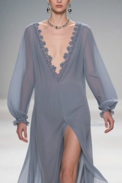 Original Design Blue Lace Side Open Solid Long Dress Lantern Sleeve