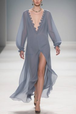 Original Design Blue Lace Side Open Solid Long Dress Lantern Sleeve