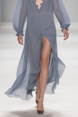 Original Design Blue Lace Side Open Solid Long Dress Lantern Sleeve