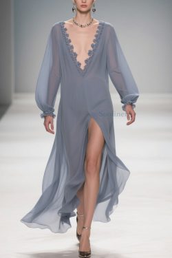 Original Design Blue Lace Side Open Solid Long Dress Lantern Sleeve