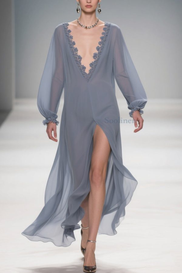 Original Design Blue Lace Side Open Solid Long Dress Lantern Sleeve