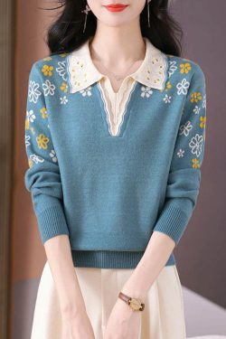 Original Design Blue Print Nail Bead Warm Cotton Knit Sweater Top Fall