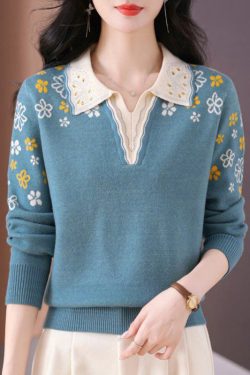 Original Design Blue Print Nail Bead Warm Cotton Knit Sweater Top Fall
