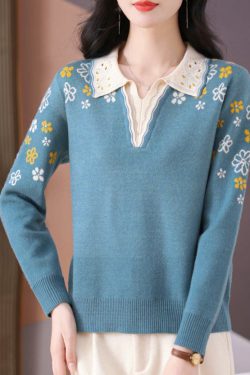 Original Design Blue Print Nail Bead Warm Cotton Knit Sweater Top Fall