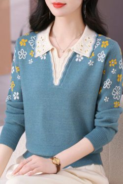Original Design Blue Print Nail Bead Warm Cotton Knit Sweater Top Fall