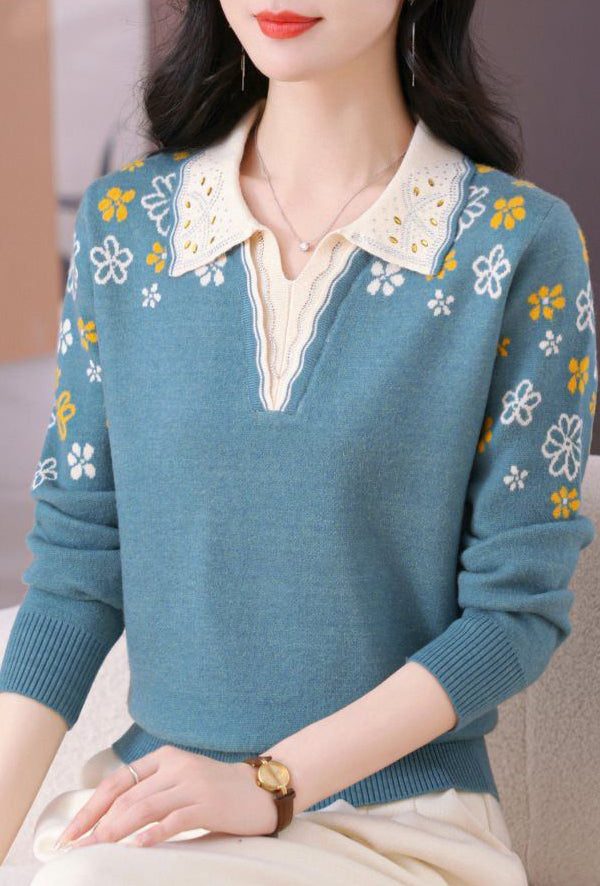 Original Design Blue Print Nail Bead Warm Cotton Knit Sweater Top Fall