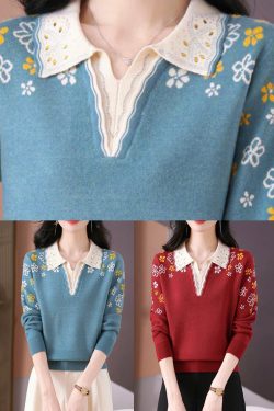 Original Design Blue Print Nail Bead Warm Cotton Knit Sweater Top Fall