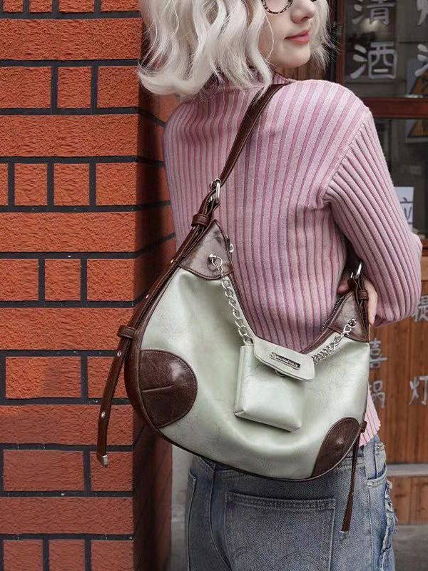 Original Design Brown Green Faux Leather Satchel Bag Handbag