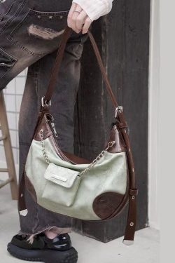 Original Design Brown Green Faux Leather Satchel Bag Handbag