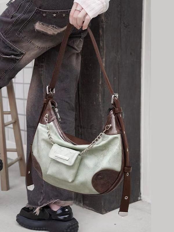 Original Design Brown Green Faux Leather Satchel Bag Handbag