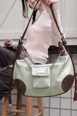 Original Design Brown Green Faux Leather Satchel Bag Handbag