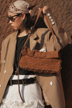 Original Design Brown Rivet Suede Shoulder Bag