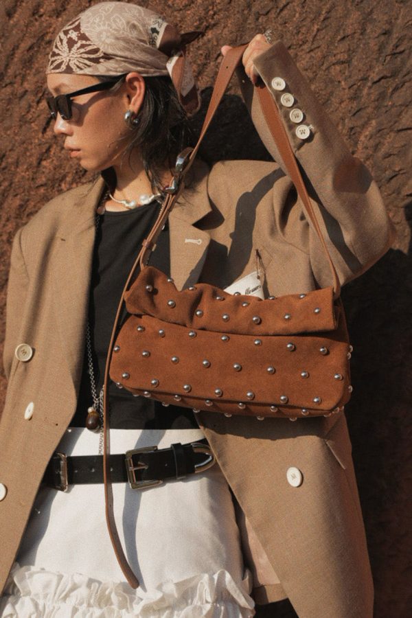Original Design Brown Rivet Suede Shoulder Bag