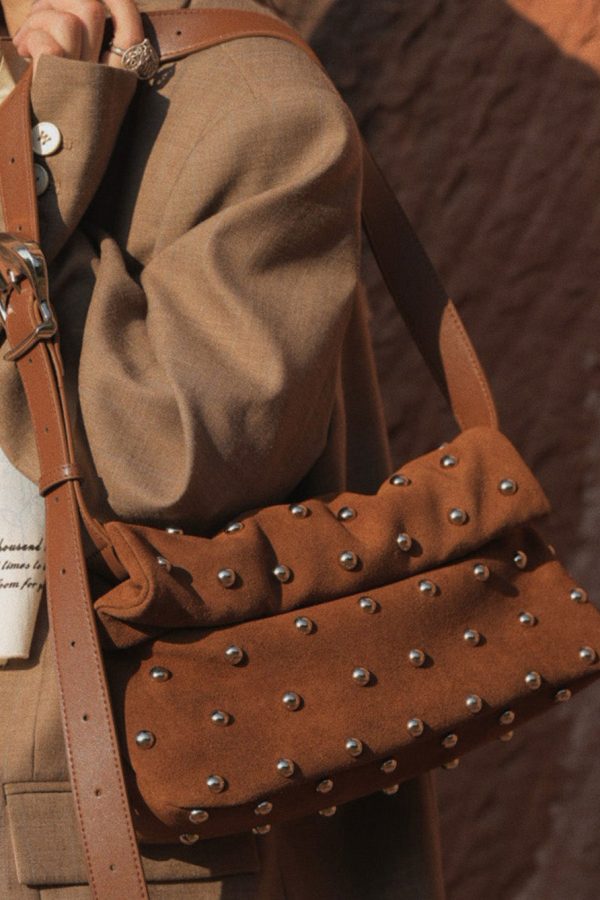 Original Design Brown Rivet Suede Shoulder Bag