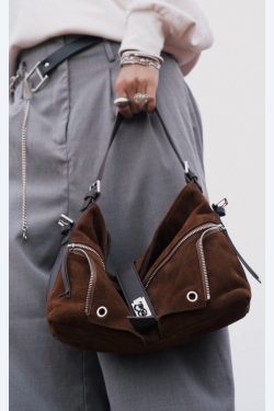 Original Design Coffee Zippered Suede Hobo Bag