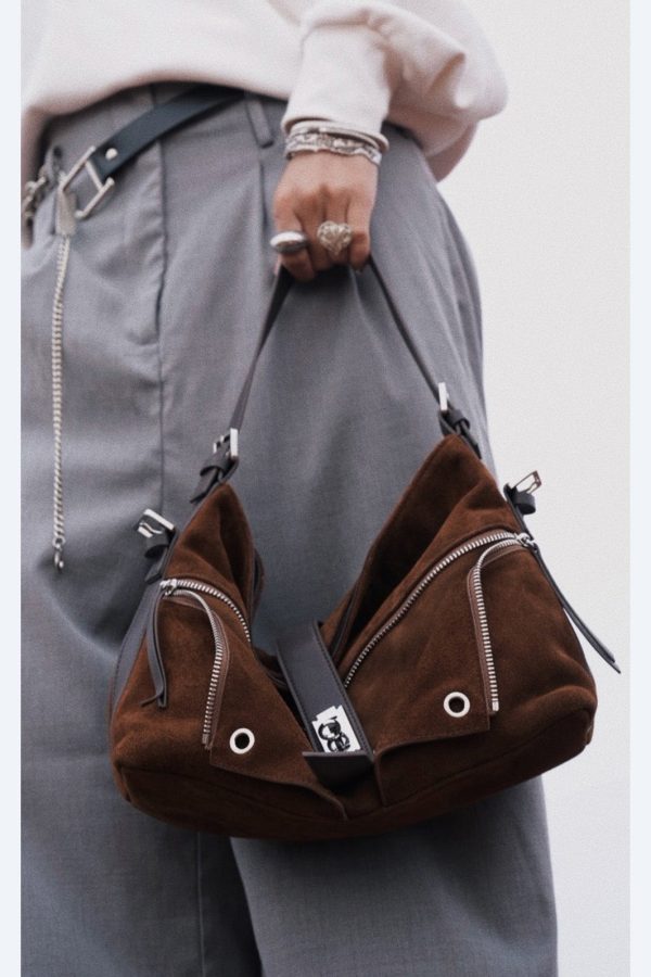 Original Design Coffee Zippered Suede Hobo Bag