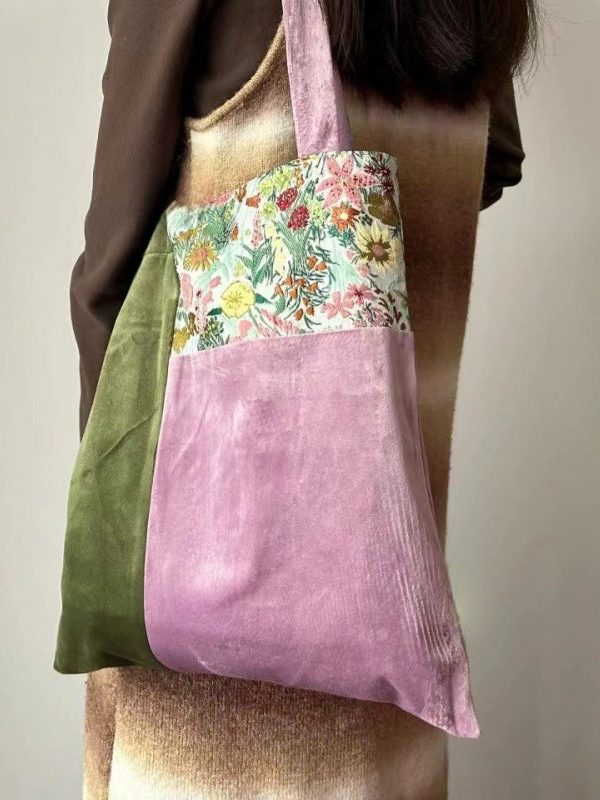 Original Design Colorblock Patchwork Velour Satchel Bag Handbag