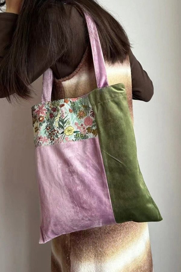 Original Design Colorblock Patchwork Velour Satchel Bag Handbag