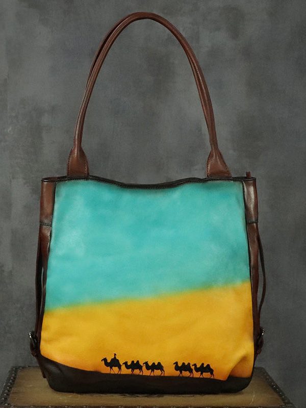 Original Design DIY Paitings Calf Leather Satchel Handbag