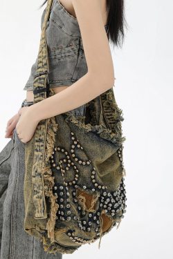 Original Design Large Capacity Rivet Denim Satchel Bag Handbag