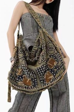 Original Design Large Capacity Rivet Denim Satchel Bag Handbag