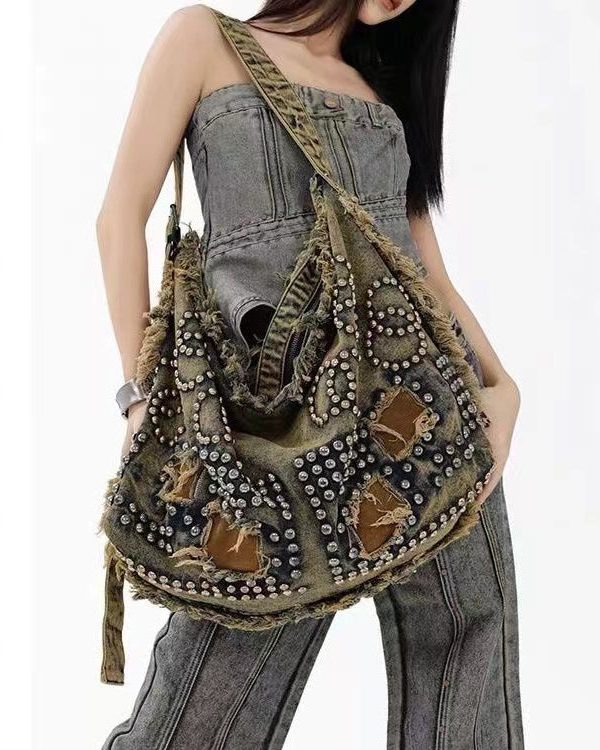 Original Design Large Capacity Rivet Denim Satchel Bag Handbag