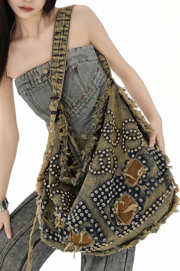 Original Design Large Capacity Rivet Denim Satchel Bag Handbag