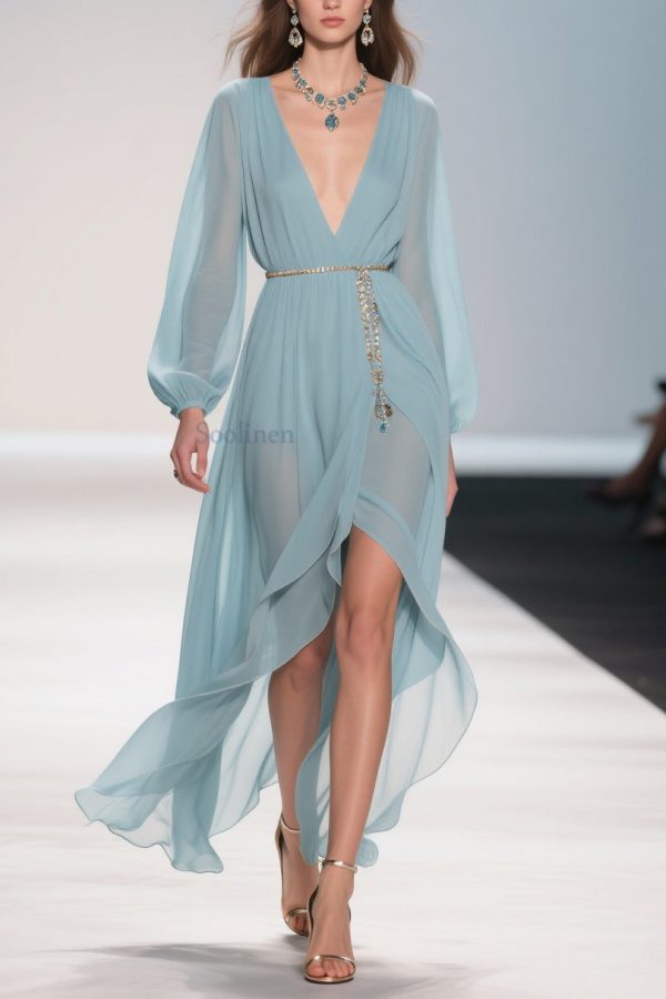 Original Design Pale Mint Blue Low High Design Solid Chiffon Long Dress Spring