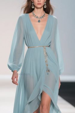 Original Design Pale Mint Blue Low High Design Solid Chiffon Long Dress Spring