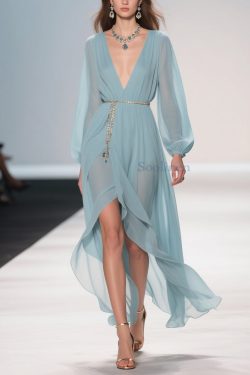 Original Design Pale Mint Blue Low High Design Solid Chiffon Long Dress Spring