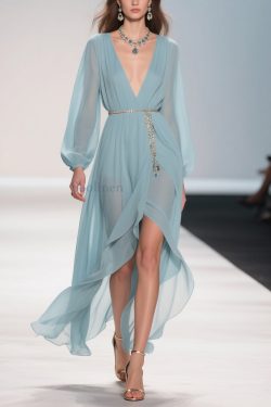 Original Design Pale Mint Blue Low High Design Solid Chiffon Long Dress Spring