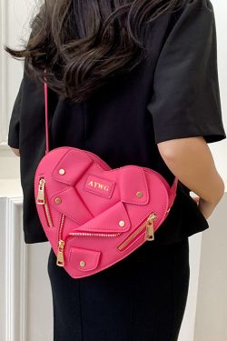 Original Design Pink Heart Zippered Patchwork Faux Leather Messenger Bag