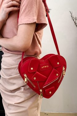 Original Design Pink Heart Zippered Patchwork Faux Leather Messenger Bag