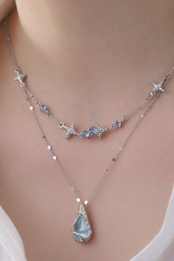 Original Light Blue Copper Alloy Gem Stone Water Droplet Pendant Necklace