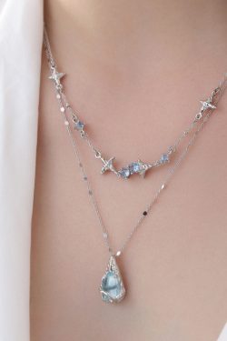 Original Light Blue Copper Alloy Gem Stone Water Droplet Pendant Necklace