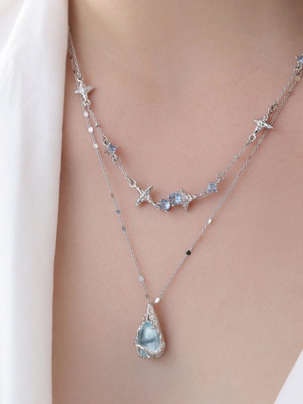 Original Light Blue Copper Alloy Gem Stone Water Droplet Pendant Necklace