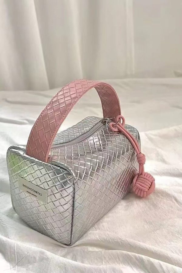 Original Silver Powder Color Matching Woven Pattern Handbag