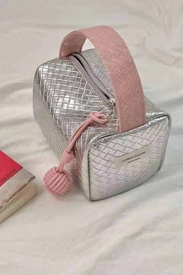 Original Silver Powder Color Matching Woven Pattern Handbag