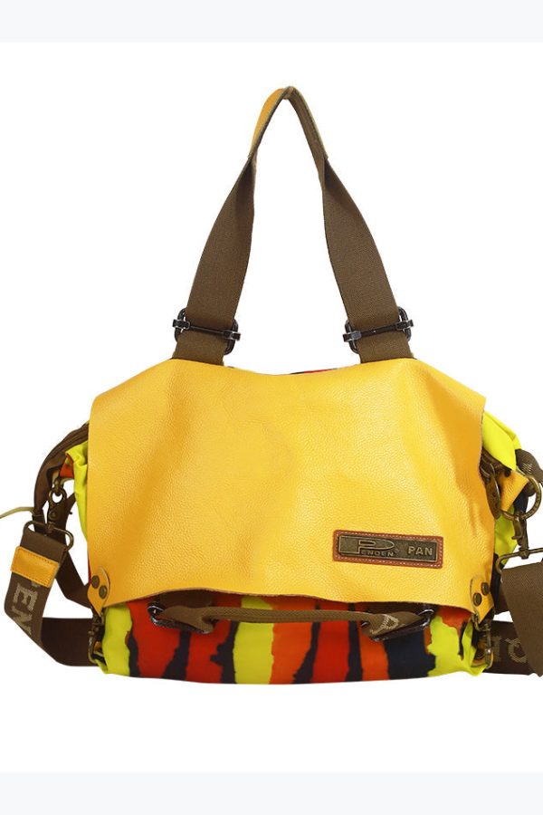 Original Yellow High-Capacity Patchwork Cowhide Outdoor Travel Shoulder Bag