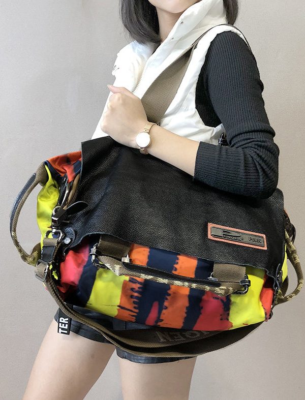 Original Yellow High-Capacity Patchwork Cowhide Outdoor Travel Shoulder Bag