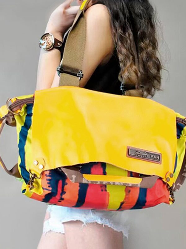 Original Yellow High-Capacity Patchwork Cowhide Outdoor Travel Shoulder Bag